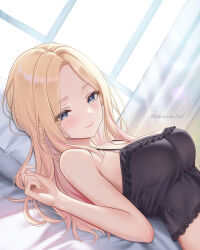 1girl akiei artist_name bare_arms bed_sheet black_camisole blonde_hair blue_eyes blush breasts camisole cleavage closed_mouth commentary_request curtains gakuen_idolmaster highres idolmaster indoors juo_sena large_breasts long_hair looking_at_viewer lying on_back on_bed smile solo window