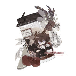 1boy absurdres arknights brown_hair chibi container cup english_text food fruit highres horns in_container male_focus monota02 musical_note newspaper purple_eyes sheet_music shirt sitting solo white_background