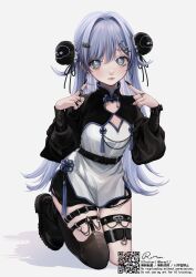 1girl aegyo_sal barcode belt blue_eyes blue_hair bone_hair_ornament bun_cover china_dress chinese_clothes cleavage_cutout clothing_cutout double_bun dress earrings english_text flipped_hair full_body hair_between_eyes hair_bun hair_intakes hair_ornament hairpin heart_cutout heart_pendant highres index_finger_raised jewelry kneeling legwear_garter long_hair long_sleeves looking_at_viewer mandarin_collar multiple_hairpins multiple_rings nail_polish piercing platform_shoes rereet_t ring simple_background single_thighhigh skull_print solo thigh_strap thighhighs twitter_username two_side_up very_long_hair virtual_youtuber vspo! watermark white_background yano_kuromu
