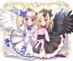 2girls ahoge angel_feather_alma black_dress black_ribbon black_wings blonde_hair blue_eyes blue_ribbon dark_feather_alma dress emil_chronicle_online frilled_dress frills hair_ribbon halo multiple_girls pointy_ears purple_thighhighs red_eyes ribbon socks striped_clothes striped_thighhighs thighhighs white_dress white_hair white_wings wings yukiomi_kizuki