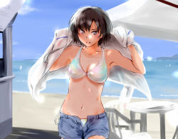 1girl amagami beach beach_umbrella bikini bikini_under_clothes black_hair blue_shorts blush bob_cut brown_eyes chair commentary day female_focus food_stand hood hoodie murasaki_iro nanasaki_ai ocean open_fly parted_lips short_hair shorts side-tie_bikini_bottom sky solo swimsuit swimsuit_under_clothes table umbrella undressing white_hoodie