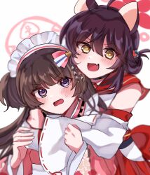 2girls ahoge animal_ears black_hair blue_archive blush brown_hair detached_sleeves fang hair_between_eyes hairband highres hug hug_from_behind japanese_clothes kaede_(blue_archive) kimono long_hair looking_at_viewer maid_headdress multiple_girls open_mouth pink_shirt purple_eyes red_sailor_collar red_skirt sailor_collar shirt shizuko_(blue_archive) sidelocks skin_fang skirt sweatdrop tosiosito two_side_up white_hairband white_kimono yellow_eyes