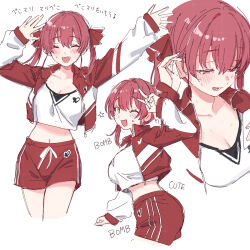 1girl a-ka arms_up blush breasts cleavage heterochromia highres hololive houshou_marine large_breasts one_eye_closed red_hair sweat tagme twintails v
