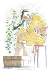 Rule 34 | 1boy, abs, basin, belt, black hair, braid, chain-link fence, cropped jacket, curled fingers, eating, eyeliner, fence, flower, food, food in mouth, groin, hot, jacket, jamie siu, long bangs, long braid, looking down, makeup, male focus, midriff, multicolored clothes, on stool, pants, pants rolled up, patterned clothing, plant, popsicle, popsicle in mouth, profile, purple flower, red belt, red eyeliner, red rope, rope, rope belt, single braid, sitting, sleeves rolled up, solo, stool, street fighter, street fighter 6, sweat, sweatdrop, utsuse, washing feet, white background, white trim, yellow jacket, yellow pants, zipper pull tab