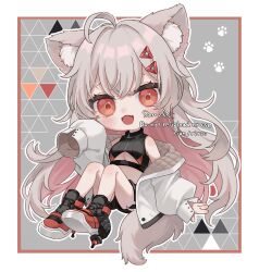 Rule 34 | 1girl, :d, ahoge, animal ear fluff, animal ears, bare shoulders, black boots, black shirt, black shorts, blush, boots, border, breasts, character request, chibi, chibi only, clothing cutout, colored inner hair, commentary request, commission, copyright request, crop top, cropped shirt, fang, fox ears, fox girl, fox tail, full body, grey background, grey hair, hair ornament, hand up, highres, jacket, long hair, long sleeves, looking at viewer, multicolored boots, multicolored hair, myon rio, open clothes, open jacket, open mouth, outline, outside border, paw print, pink hair, red boots, red eyes, sample watermark, shirt, shorts, skeb commission, sleeveless, sleeveless shirt, sleeves past fingers, sleeves past wrists, smile, solo, tail, triangle hair ornament, two-tone boots, two-tone hair, underboob, underboob cutout, very long hair, watermark, white border, white jacket, white outline, zipper