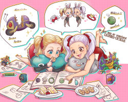 2girls aqua_eyes artist_collaboration barefoot black_leotard blonde_hair bomb book border bow bowtie brown_eyes cake car chibi chibi_inset choker commentary_request cookie cup cuuzca detached_collar dragon_quest dragon_quest_builders_2 dress dual_persona earrings eating explosive female_builder_(dqb2) food fringe_trim gold_earrings hair_pulled_back hair_ribbon heart heart_choker highres holding holding_cookie holding_food hoop_earrings hugging_doll hugging_object jewelry kasiwamoti11 leotard lying metal_slime miruzu_(dqb2) motor_vehicle mug multiple_girls neckerchief on_stomach open_book open_mouth paper pencil pink_border plate playboy_bunny pointing reading red_bow red_bowtie red_ribbon ribbon shared_speech_bubble sidoh sidoh_(dqb2) silver_earrings sleeveless sleeveless_dress slime_(dragon_quest) smile sparkle speech_bubble strapless strapless_leotard strawberry_shortcake stuffed_toy sunglasses twintails twitter_username white_hair yellow_neckerchief