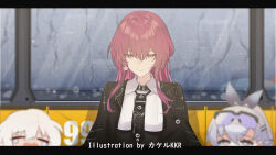 3girls artist_name black_jacket black_necktie breasts character_request check_character closed_mouth collared_shirt earrings firefly_(honkai:_star_rail) hair_between_eyes honkai:_star_rail honkai_(series) jacket jewelry kafka_(honkai:_star_rail) large_breasts letterboxed long_hair looking_at_viewer missing_commentary multiple_girls necktie purple_eyes purple_hair shirt silver_wolf_(honkai:_star_rail) smile solo_focus srpzk upper_body white_shirt