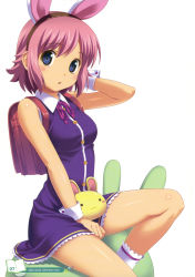 1girl absurdres animal_ears backpack bag between_legs blue_eyes blush dress female_focus hand_between_legs highres koutaro original pink_hair purple_skirt rabbit rabbit_ears randoseru ribbon short_hair simple_background sitting skirt solo urara urara_(koutaro) wrist_cuffs