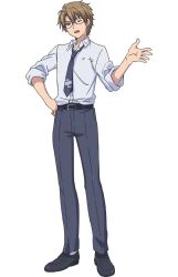 Rule 34 | 1boy, anime coloring, arm up, belt, brown hair, collared shirt, full body, glasses, grey necktie, grey pants, hand on own hip, loafers, necktie, official art, one eye closed, ootori haruto, open hand, pants, purple eyes, sakimoto sayuri, school uniform, shirt, shoes, short hair, simple background, sleeves rolled up, sokushi cheat ga saikyou sugite isekai no yatsura ga marude aite ni naranai n desu ga, standing, transparent background, white shirt