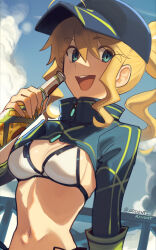 1girl ahoge artoria_pendragon_(fate) baseball_cap beer_bottle bikini blonde_hair blue_eyes blue_hat blue_shrug blue_sky boa_(brianoa) breasts cleavage fate/grand_order fate_(series) hat long_hair long_sleeves looking_at_viewer medium_breasts mysterious_heroine_xx_(fate) navel open_mouth ponytail shrug_(clothing) sidelocks sky smile solo swimsuit white_bikini