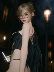 1girl 3d absurdres ass black_bustier black_panties blender_(medium) blonde_hair blue_eyes blurry blurry_background breasts bustier city daz_studio_(medium) earrings from_side glasses highres hoop_earrings jewelry lips looking_at_viewer medium_breasts night original panties photorealistic realistic removing_jacket round_eyewear shoe_lace_(shoe_lac3) short_hair speech_bubble thought_bubble underwear