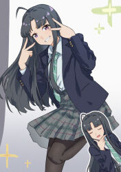 1girl absurdres ahoge awa_subaru black_hair black_jacket black_pantyhose blue_necktie closed_eyes collared_shirt commentary diagonal-striped_clothes diagonal-striped_necktie double_v english_commentary girls_band_cry grey_skirt hand_on_own_chin highres jacket long_hair multiple_views necktie open_clothes open_jacket open_mouth outline pantyhose parted_lips plaid_clothes plaid_skirt pleated_skirt shirt sidelocks skirt striped_clothes summer_left v white_outline white_shirt