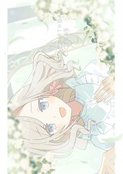 1girl :d alternate_costume blue_eyes ceras_yanagida_lilienfeld character_name churhami commentary dress dutch_angle frilled_dress frills grey_hair hair_ribbon hand_on_own_chest happy_birthday highres letterboxed link!_like!_love_live! long_hair looking_at_viewer love_live! offering_hand open_mouth pink_ribbon ribbon sideways smile solo upper_body virtual_youtuber wavy_hair white_dress