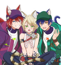 Rule 34 | 3boys, age difference, amagi rinne, animal ears, armlet, baseball cap, bishounen, black pants, blonde hair, blue eyes, blue hair, boy sandwich, brooch, chest strap, coat, crop top, dark blue hair, ensemble stars!, fang, green coat, green eyes, green hat, grin, hair between eyes, hand up, hat, highres, indian, jewelry, leaning forward, looking at viewer, male focus, multiple boys, navel, official alternate costume, open mouth, pants, purple coat, purple hat, red hair, reira (reomimi0211), sandwiched, sazanami jun, shiratori aira (beasts&#039; survival) (ensemble stars!), shiratori aira (ensemble stars!), shirt, short hair, shoulder-to-shoulder, simple background, sitting, sleeveless, smile, split mouth, stomach, straight-on, striped tail, sweatband, t-shirt, tail, teeth, upper teeth only, v-shaped eyes, v arms, white background, white shirt, yellow eyes