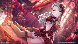 1girl aqua_hair bang_dream! birdcage braid brooch cage candle commentary_request dress earrings flower garter_straps green_eyes grey_thighhighs hair_ribbon hand_up heart heart_brooch highres hikawa_sayo indoors jewelry light_particles long_hair looking_at_viewer official_art on_ground open_mouth puffy_short_sleeves puffy_sleeves red_dress red_flower red_ribbon red_rose ribbon rose short_sleeves single_thighhigh sitting solo thighhighs