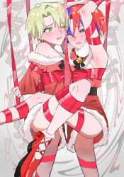 2boys absurdres alear_(fire_emblem) alear_(male)_(fire_emblem) alfred_(fire_emblem) blonde_hair blue_eyes blue_hair fire_emblem fire_emblem_engage fur_trim green_eyes hair_between_eyes highres male_focus multicolored_hair multiple_boys nintendo red_hair rororotsu santa_costume split-color_hair two-tone_hair white_trim yaoi