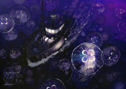 1boy absurdres animal animal_focus black_pants boat collared_shirt commentary_request crab double-parted_bangs dress_shirt from_above glowing_animal hand_on_railing highres jellyfish jimini_shijimi jitome night ocean on_boat open_mouth original outdoors oversized_animal pants purple_theme shirt short_hair solo standing very_wide_shot wake_(wave) watercraft watermark white-haired_man_(jimini_shijimi) white_hair white_shirt window_light