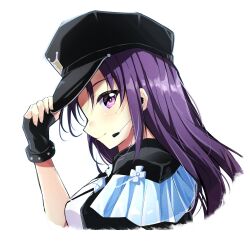 1girl believe_again birthday black_gloves breasts commentary fingerless_gloves gloves hair_down hat highres hoijin kazuno_sarah large_breasts long_hair looking_at_viewer love_live! love_live!_sunshine!! love_live!_sunshine!!_the_school_idol_movie_over_the_rainbow purple_eyes purple_hair solo upper_body white_background