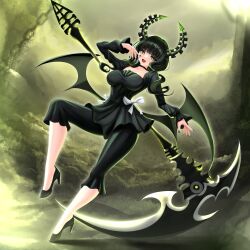 Rule 34 | 1girl, :d, absurdres, azur lane, black choker, black dress, black hair, black nails, black rock shooter, black shoes, black wings, chain, choker, commentary, dead master, dress, full body, green eyes, hand up, high heels, highres, itacho (itasha draws), looking at viewer, medium hair, open mouth, scythe, shoes, smile, solo, wings