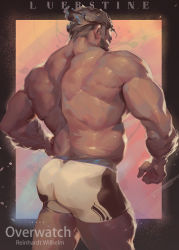 1boy artist_name ass bara beard facial_hair grey_hair hairy huge_ass luerstine male_focus male_underwear manly mature_male muscular muscular_arms muscular_legs muscular_male no_pants overwatch plump reinhardt_(overwatch) short_hair signature solo thighs topless_male underwear