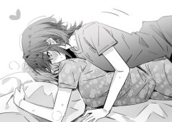 2girls asanagi_yori blush breasts commentary greyscale heart kino_himari lwmina70119 lying medium_breasts monochrome multiple_girls on_stomach pillow sasayaku_you_ni_koi_wo_utau shirt short_hair short_sleeves sidelocks sweat t-shirt yuri