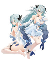 Rule 34 | 1girl, a san san, absurdres, aether gazer, alternate form, bare shoulders, black bow, blue bow, blue dress, blue hair, bow, brahma (aether gazer), braid, breasts, dress, finger to mouth, gradient hair, green eyes, green hair, hair bow, hair intakes, highres, large breasts, light blush, long hair, low twin braids, multicolored hair, multiple views, official alternate costume, one eye closed, short dress, shushing, simple background, solo, thighhighs, twin braids, very long hair, white background, white thighhighs