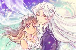 1boy 1girl blush bridal_veil brown_eyes brown_hair choker couple dress earrings facial_mark flower forehead_mark formal_clothes hetero inuyasha jewelry kay-i long_hair married medium_hair necklace pointy_ears rin_(inuyasha) rose sesshoumaru straight_hair suit tuxedo veil wavy_hair wedding_dress white_flower white_hair white_rose yellow_eyes