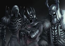 Rule 34 | 3boys, arm armor, armor, armored gloves, black background, breastplate, cape, caranthir (the witcher 3), commentary, cowboy shot, crossed arms, english commentary, eredin breacc glas, full armor, fur trim, helmet, highres, imlerith, male focus, multiple boys, shoulder armor, the witcher (series), the witcher 3, tworain w, upper body
