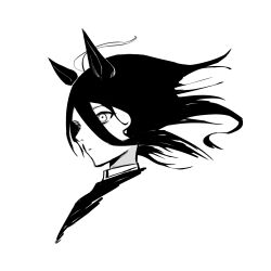 1girl absurdres ahoge animal_ears closed_mouth expressionless floating_hair greyscale hair_between_eyes highres horse_ears horse_girl long_bangs long_hair long_hair_between_eyes manhattan_cafe_(umamusume) monochrome multicolored_hair ringring_(artist) simple_background solo umamusume white_background white_hair