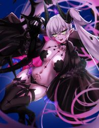 1girl absurdres bare_shoulders black_cloak black_hands black_panties black_thighhighs body_markings breasts choker cloak collarbone colored_extremities crossed_bangs demon_girl demon_horns demon_wings ear_piercing fate/grand_order fate_(series) green_eyes grey_hair hair_between_eyes highres horns large_breasts lilith_(fate) lilith_(second_ascension)_(fate) long_hair looking_at_viewer mach_iota navel open_mouth panties piercing pointy_ears scissors solo stomach_tattoo tattoo thighhighs thighs tongue tongue_out twintails underwear very_long_hair wings