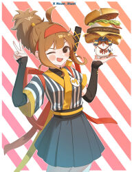 1girl ahoge bacon black_sash blue_skirt bread brown_eyes brown_hair burger cat cheese cropped_legs crying crying_with_eyes_open detached_sleeves food highres holding holding_burger holding_food imadake_dabuchi_tabemi japanese_clothes katana kimono lettuce long_sleeves looking_at_viewer mcdonald&#039;s nsan one_eye_closed open_mouth pleated_skirt ponytail samurai_tamago_tabemi sash sheath sheathed skirt smile standing sword tears v weapon