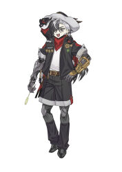 Rule 34 | 1boy, :3, :d, absurdres, aged down, alternate costume, animal, animal on shoulder, animalization, arm at side, arm cutout, belt, belt buckle, black eyes, black feathers, black hair, black hat, black jacket, black leg warmers, black shorts, booth seating, boothill (honkai: star rail), brown belt, buckle, cat, cat on shoulder, cattail, closed mouth, clothed animal, cowboy, cowboy hat, cowboy western, crosshair pupils, cyborg, ear piercing, earrings, facial mark, facing viewer, feathers, full body, hair behind ear, hair over one eye, hand on own hip, hat, hat feather, highres, holding, holding plant, honkai: star rail, honkai (series), insignia, jacket, jewelry, knees apart feet together, leather belt, leg warmers, looking ahead, male focus, mark under eye, mechanical arms, mechanical legs, mole, mole under eye, multicolored hair, multiple moles, multiple piercings, one eye covered, open clothes, open jacket, open mouth, person and animalization, piercing, plant, red pupils, red scarf, scarf, sharp teeth, shirt, short sleeves, shorts, shoulder boards, simple background, sleeve cuffs, sleeve zipper, smile, solo, standing, symbol in eye, tachi-e, teeth, tuxedo cat, two-tone hair, unzipped, upper teeth only, western, white background, white hair, white hat, white shirt, white sleeve cuffs, wo do, zipper, zipper pull tab