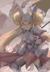 Rule 34 | 1girl, absurdres, armor, black thighhighs, blonde hair, breasts, centur-ion primera, closed mouth, double bun, dress, duel monster, hair between eyes, hair bun, highres, holding, holding polearm, holding weapon, long hair, long sleeves, medium breasts, pelvic curtain, polearm, red dress, red eyes, solo, thighhighs, very long hair, weapon, yu-gi-oh!, zuimoxian