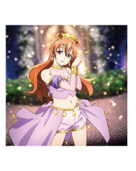 1girl artbook bracelet breasts brown_hair butterfly_(love_live!) christmas_tree detached_sleeves earrings highres jewelry konoe_kanata long_hair looking_at_viewer love_live! love_live!_nijigasaki_high_school_idol_club midriff navel non-web_source official_art purple_eyes purple_shorts see-through_clothes shorts solo