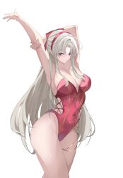 1girl absurdres carlotta_(splashing_summer)_(wuthering_waves) carlotta_(wuthering_waves) casual_one-piece_swimsuit covered_navel highleg highleg_one-piece_swimsuit highres nail_polish official_alternate_costume one-piece_swimsuit pink_one-piece_swimsuit simple_background solo swimsuit thighs user_xwgh4342 white_background wuthering_waves