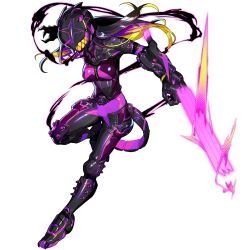 1girl black_bodysuit black_hair blonde_hair bodysuit boots breasts claw_(weapon) colored_inner_hair full_body game_cg girls&#039;_frontline girls&#039;_frontline_neural_cloud gloves helmet highres knee_pads leg_up long_hair medium_breasts multicolored_bodysuit multicolored_hair nascita_(neural_cloud) official_art onono_imoko purple_bodysuit purple_hair solo straight_hair teeth third-party_source transparent_background weapon zipper