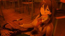 1girl arms_at_sides bags_under_eyes blazer blood blood_on_body blood_on_clothes blood_on_face blood_on_ground blood_on_hands blood_splatter blood_stain blood_trail bloody_knife blue_skirt breasts brown_jacket brown_sweater_vest button_gap buttons classroom collared_shirt corpse dark death decay desk doki_doki_literature_club doki_doki_literature_club_school_uniform dot_nose double-parted_bangs dress_shirt dried_blood empty_eyes eyebrows_hidden_by_hair fallen_down fingernails frown game_cg grey_eyes grey_jacket hair_between_eyes hair_intakes hair_ornament hairclip half-closed_eyes highres horror_(theme) impossible_clothes indoors injury jacket knife large_breasts leaning_back leaning_on_object light_frown long_eyelashes long_hair long_sidelocks long_sleeves neck_ribbon non-web_source official_art on_floor open_hands pale_skin parted_lips pleated_skirt pool_of_blood purple_hair raised_inner_eyebrows red_ribbon ribbon satchely school school_desk school_uniform self-harm shirt sidelocks sitting skirt solo spoilers stab suicide sunken_cheeks sunlight sunset sweater_vest teeth thick_eyelashes upper_body variant_set very_long_hair wing_collar wooden_chair wooden_desk wooden_floor yuri_(doki_doki_literature_club)