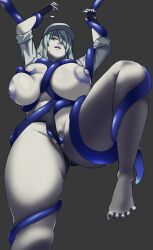 1girl absurdres bad_feet baseball_cap belly black_background black_panties blue_eyes breasts colored_nipples cowboy_shot fingerless_gloves frown frustrated gloves gluteal_fold grey_hair hair_over_one_eye hat hataraku_saibou hataraku_saibou_black highres huge_breasts leg_lift long_bangs long_hair long_sleeves open_clothes open_mouth panties perspective puffy_nipples pussy pussy_peek shin_deadball_iwata shiny_skin simple_background sleeves_rolled_up solo squeezing suspension sweatdrop tentacles thick_thighs thighs toes u-1196 underwear wedgie