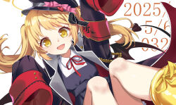 1girl absurdres black_coat black_hat black_skirt blonde_hair blue_archive boots coat commentary dated demon_tail english_commentary halo hat highres ibuki_(blue_archive) long_sleeves looking_at_viewer open_clothes open_coat open_mouth red_ribbon ribbon shirt skirt sleeves_past_fingers sleeves_past_wrists solo tail white_background white_shirt yaoyaozi_bu_shi_renjian_yanhuo yellow_boots yellow_eyes yellow_halo