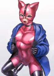 Rule 34 | 1boy, absurdres, animal ears, black gloves, black thighhighs, blue eyes, bodysuit, covered erect nipples, covered navel, covered penis, erection, fake animal ears, gimp mask, gloves, highres, jacket, kilye kairi, latex, latex bodysuit, looking at viewer, male focus, mask, nose hook, original, penis, pig ears, pink bodysuit, simple background, skin tight, skindentation, solo, squatting, thighhighs, trap
