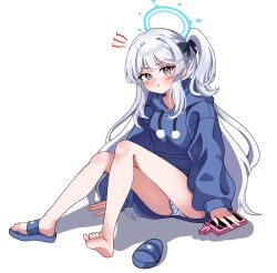 1girl :t absurdres arms_at_sides barefoot black_bow blue_archive blue_halo blue_hoodie blush bow broken_glass cellphone closed_mouth commentary drop_shadow felice_ykr full_body glass grey_hair hair_bow halo highres hood hood_down hoodie knees_up long_hair looking_at_viewer miyako_(blue_archive) miyako_(young)_(blue_archive) official_alternate_costume one_side_up panties phone polka_dot polka_dot_panties pom_pom_(clothes) pout purple_eyes sandals sidelocks simple_background single_bare_foot sitting smartphone soles solo tearing_up tears toes underwear unworn_sandals v-shaped_eyebrows very_long_hair white_background white_panties
