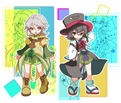 Rule 34 | 2others, ankle socks, ascot, bare legs, bare shoulders, belt, black belt, black coat, black eyes, black hair, black hat, black kimono, black shorts, black socks, boots, brown ascot, closed mouth, coat, coattails, collared coat, collared shirt, collared socks, commentary request, deformed, detached sleeves, enraku tsubakura, expressionless, eye of senri, green hakama, grey eyes, grey hair, hair between eyes, hakama, hakama short skirt, hakama skirt, hand on headwear, hand on own hip, happy, hat, highres, houlen yabusame, japanese clothes, jinbei (clothes), kimono, lace-up boots, lapels, layered sleeves, len&#039;en, light blush, light frown, long sleeves, looking at viewer, medium hair, multiple others, neck ribbon, notched lapels, open mouth, outline, puffy short sleeves, puffy sleeves, red hat, red ribbon, red sandals, ribbon, ribbon-trimmed coat, ribbon trim, sandals, shirt, short over long sleeves, short sleeves, shorts, sidelocks, skirt, sleeve belt, sleeveless, sleeveless coat, sleeveless shirt, sleeves past wrists, smile, socks, square, standing, star (symbol), tabi, tareme, top hat, tsurime, twitter username, two-sided fabric, two-sided headwear, white background, white outline, white shirt, white sleeves, white socks, wide sleeves, yellow boots, yellow coat, yoni., zoom layer, zouri