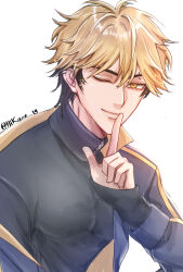 1boy black_hair black_shirt blonde_hair blue_jacket closed_mouth ear_piercing earrings eyebrow_piercing face_piercing finger_to_mouth hand_up highres hikaze_19 index_finger_raised jacket jacket_partially_removed jewelry long_sleeves looking_at_viewer male_focus multicolored_hair off_shoulder one_eye_closed open_clothes open_jacket piercing shiguang_dailiren shirt short_hair shushing simple_background sleeves_past_wrists smile solo turtleneck twitter_username two-tone_hair upper_body white_background xia_fei yellow_eyes zipper