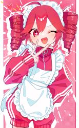 1girl absurdres ahoge alternate_costume apron blush cowboy_shot drill_hair flat_chest frilled_apron frilled_hairband frills hairband highres jacket jersey_maid kasane_teto long_sleeves looking_at_viewer maid maid_headdress one_eye_closed open_mouth red_background red_eyes red_hair red_jacket shigure_(rinky_creater) short_shorts shorts solo star-shaped_pupils star_(symbol) symbol-shaped_pupils tongue track_jacket track_suit twin_drills unconventional_maid utau v v_over_eye white_apron white_hairband