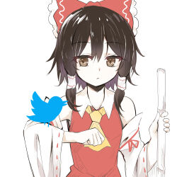 1girl animal_on_arm ascot bird bird_on_arm bow brown_eyes brown_hair collared_shirt commentary_request detached_sleeves double-parted_bangs efe frilled_bow frills hair_between_eyes hair_bow hair_tubes hakurei_reimu highres looking_at_animal medium_hair pout red_bow red_ribbon red_shirt ribbon ribbon-trimmed_sleeves ribbon_trim shirt sidelocks simple_background sleeveless sleeveless_shirt solo touhou twitter twitter_bird upper_body white_background white_sleeves wide_sleeves yellow_ascot