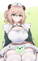 1girl animal_ears apron breasts brown_hair cleavage cowboy_shot garter_straps green_background green_eyes hat highres indie_virtual_youtuber large_breasts nimi_nightmare nurse_cap one_side_up simple_background sitting smile solo_focus synapseproperty thighhighs thighs virtual_youtuber white_apron white_thighhighs