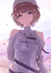 1girl arm_behind_back bare_shoulders beret breasts brown_hair closed_mouth clothing_cutout commentary_request falling_petals fingernails hat highleg highleg_leotard highres hololive hololive_dev_is leotard light_blush long_sleeves looking_at_viewer makimaki_makky7 medium_breasts multicolored_hair nail_polish official_alternate_costume petals purple_eyes purple_hair purple_nails short_hair shoulder_cutout shrug_(clothing) signature smile solo streaked_hair todoroki_hajime todoroki_hajime_(regloss_uniform) two-tone_hair two_side_up upper_body virtual_youtuber white_hat white_leotard white_shrug