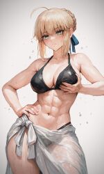1girl abs ai-generated artoria_pendragon_(fate) bare_shoulders blonde_hair breasts dress fate/stay_night fate_(series) green_eyes highres large_breasts mercyofblade mu muscular muscular_female navel saber_(fate) short_hair solo thighhighs white_background