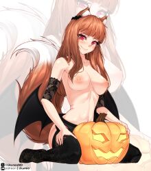 1girl animal_ears armband bat_wings black_armband black_panties black_thighhighs blush breasts brown_hair closed_mouth collarbone full_body halloween holo jack-o&#039;-lantern lace_armband likunea long_hair looking_at_viewer low_wings medium_breasts navel nipples paid_reward_available panties patreon_username red_eyes sitting smile solo spice_and_wolf tail thighhighs topless_female twitter_username underwear wariza wings wolf_ears wolf_girl wolf_tail zoom_layer