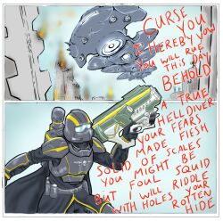 1boy backpack bag belt bulletproof_vest cape cityscape deusregalia drake_warrior_igon elden_ring elden_ring:_shadow_of_the_erdtree english_text fire helldiver_(helldivers) helldivers_(series) helmet military_uniform rocket_launcher ruins screaming simple_background spacecraft weapon